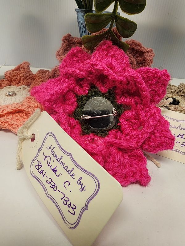 Crochet Multicolor (Pink) Acrylic Flower Broach with Button