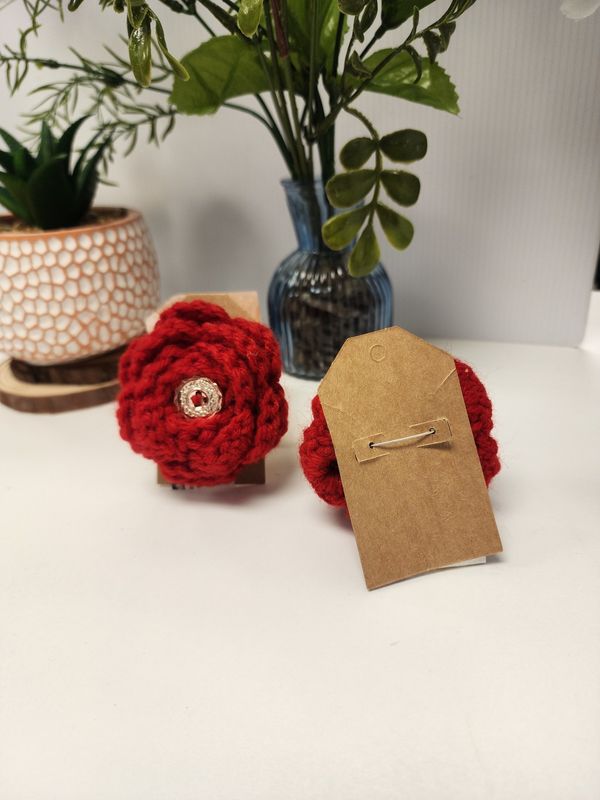 Crochet Acrylic Red Rose Broach with Button Accent