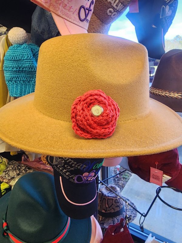 Crochet Cotton Red Rose Broach with Button Accent