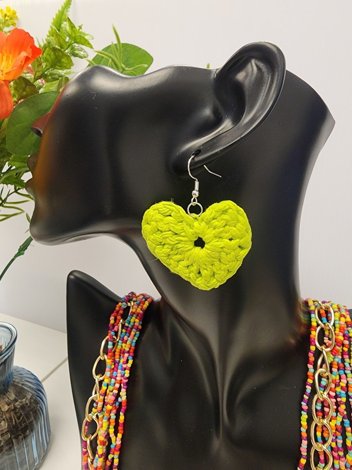 Crochet Vintage Green Heart Earrings