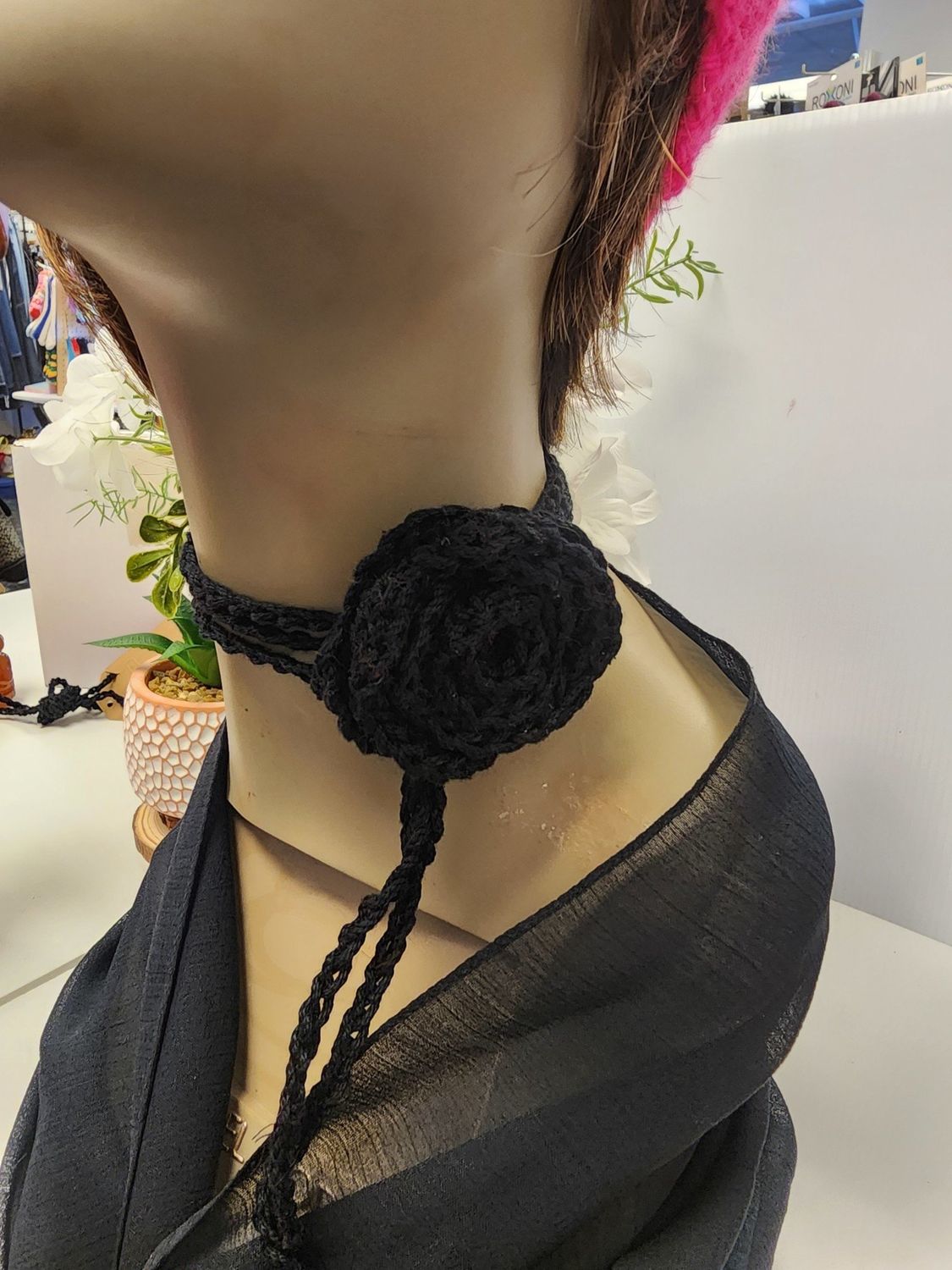 Crochet Black Choker Necklace with Rose