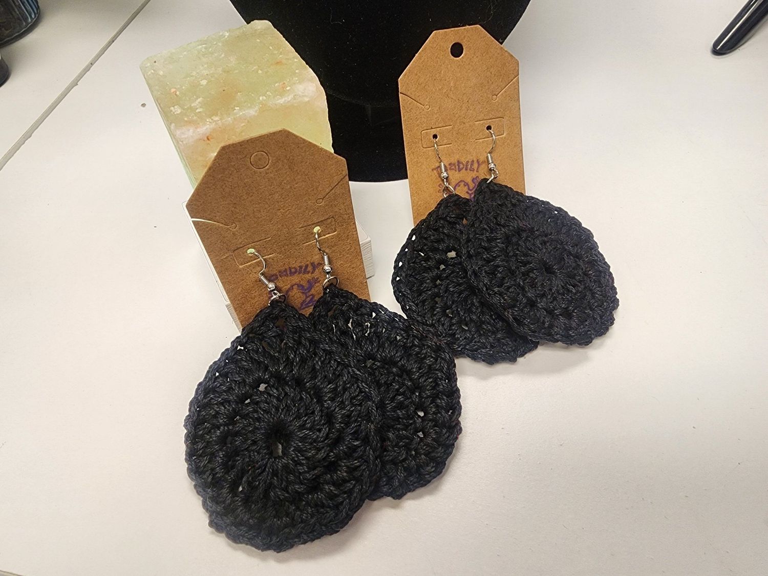 Crochet Lrg Black Teardrop Earrings