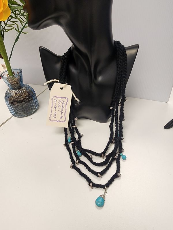 Crochet Cotton Black Layered Necklace w/ Turquoise and Silver Accent Beads