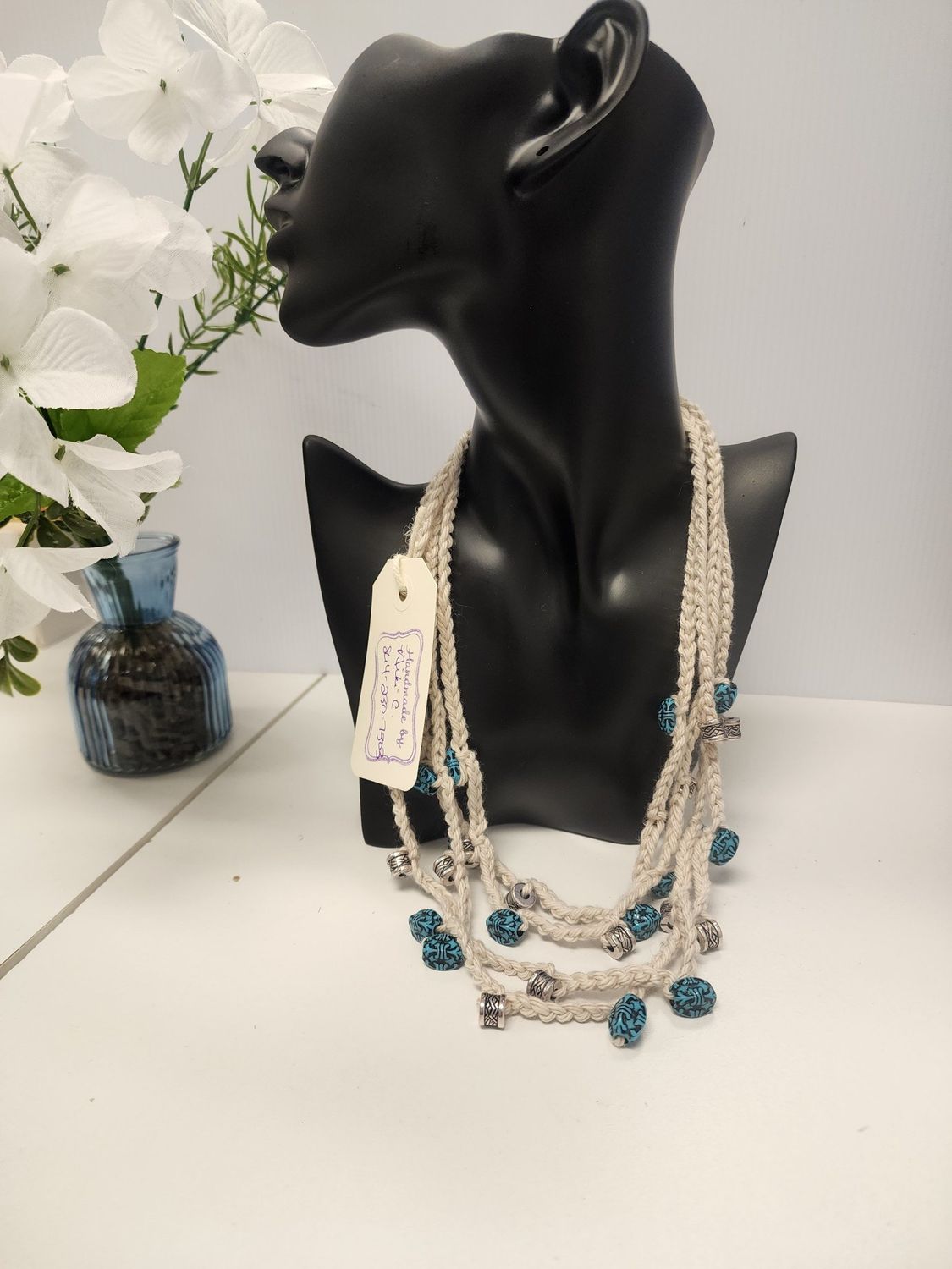 Crochet Cotton Multiple Chains Necklace w/ Bead Accents