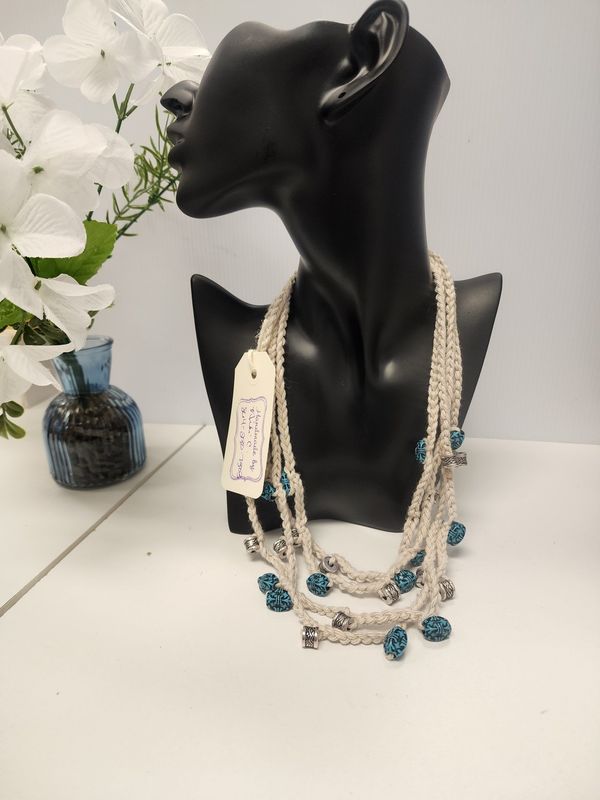 Crochet Cotton Multiple Chains Necklace w/ Bead Accents