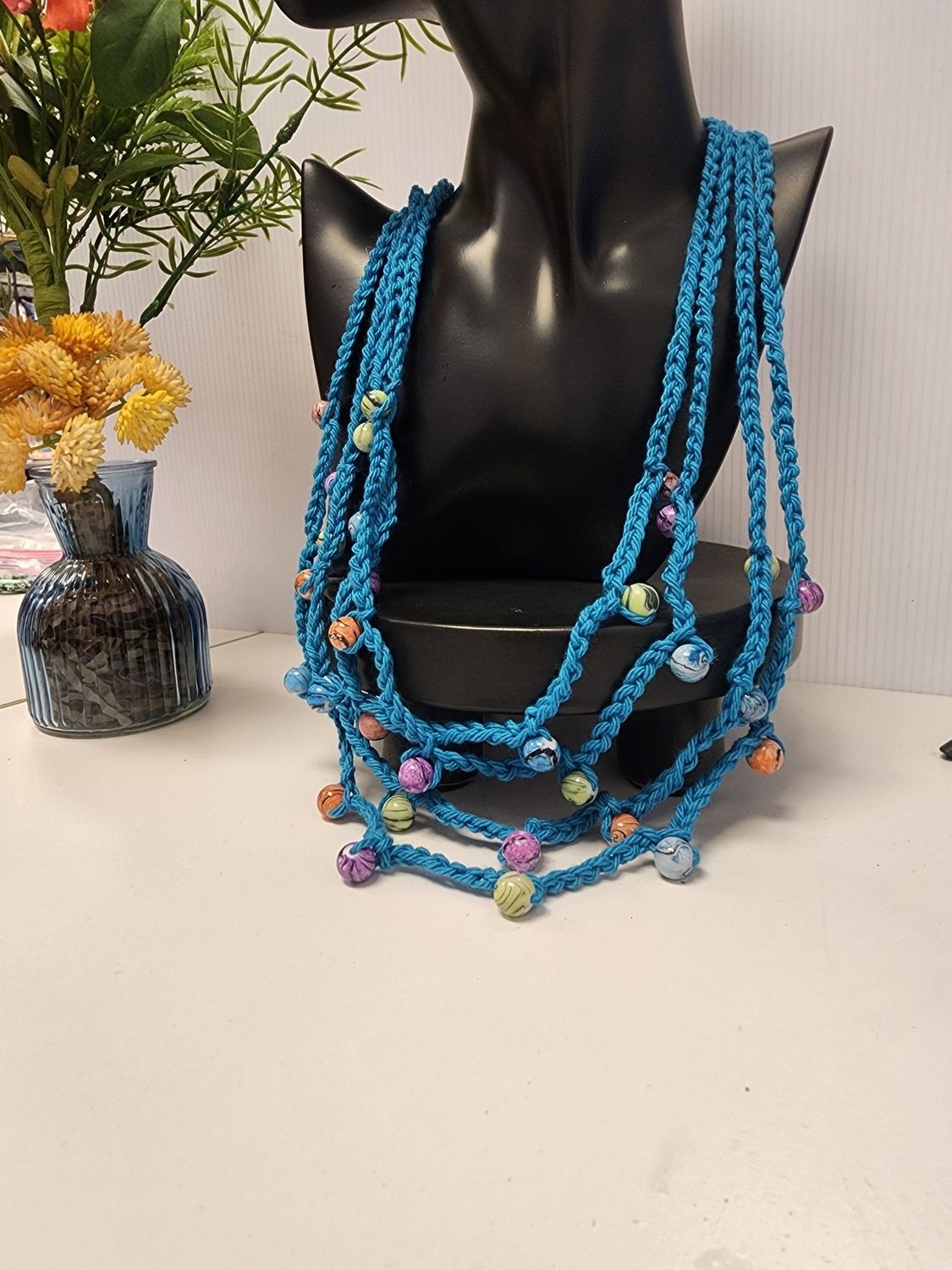 Crochet Teal Chain Necklace W/ Multicolor Bead Accents