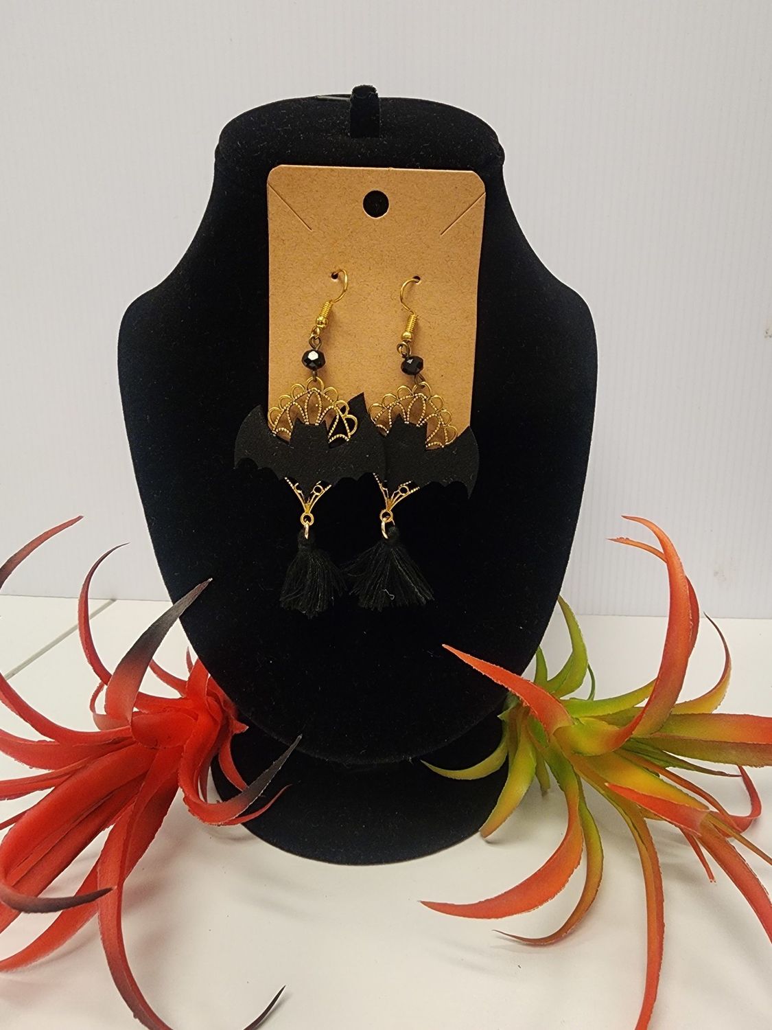 Black and Gold Bat Dangle Halloween Earrings w/ Tassel