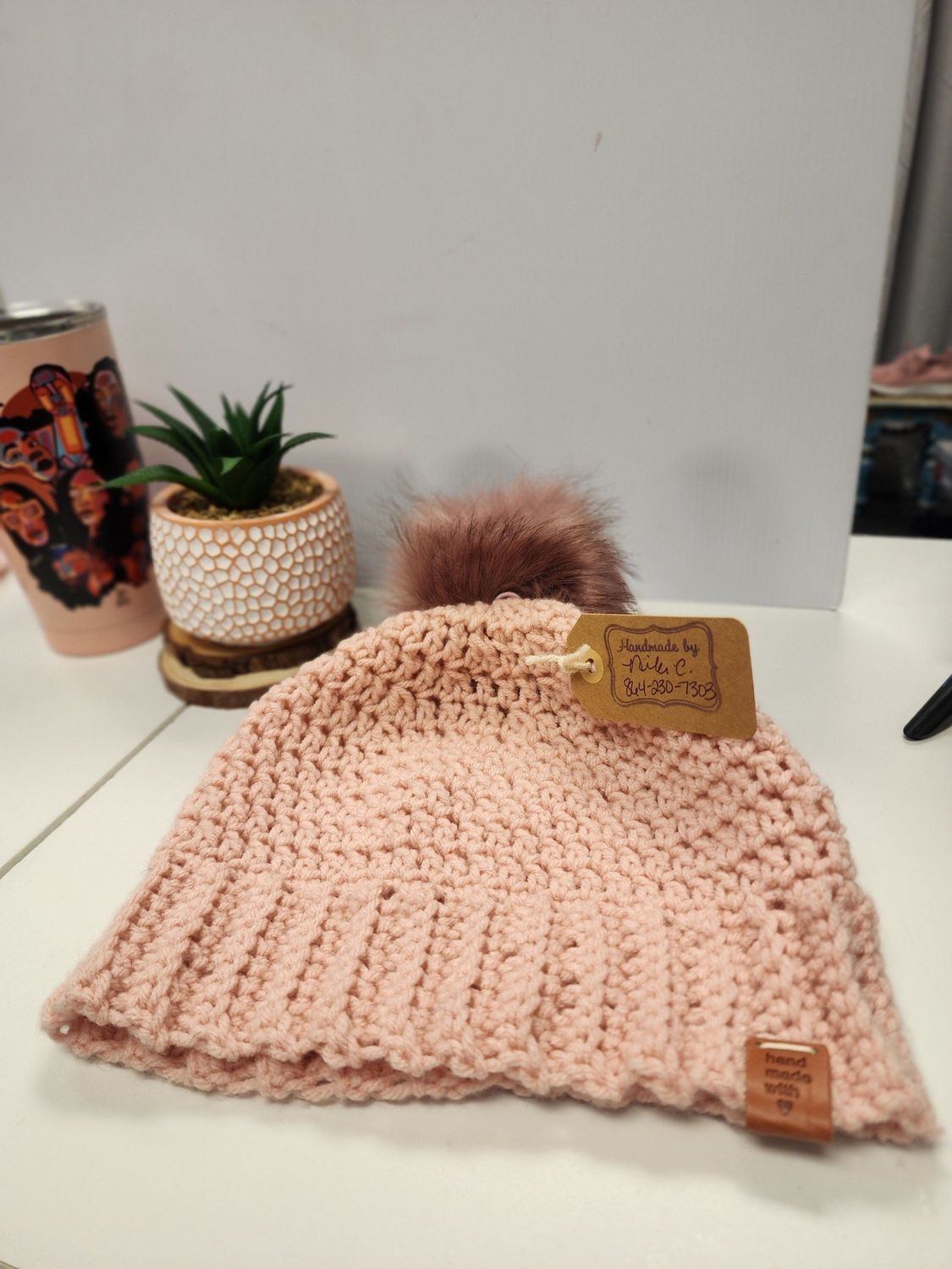 Crochet Soft Pink Beanie w/ Faux Fur Pom 100% Acrylic