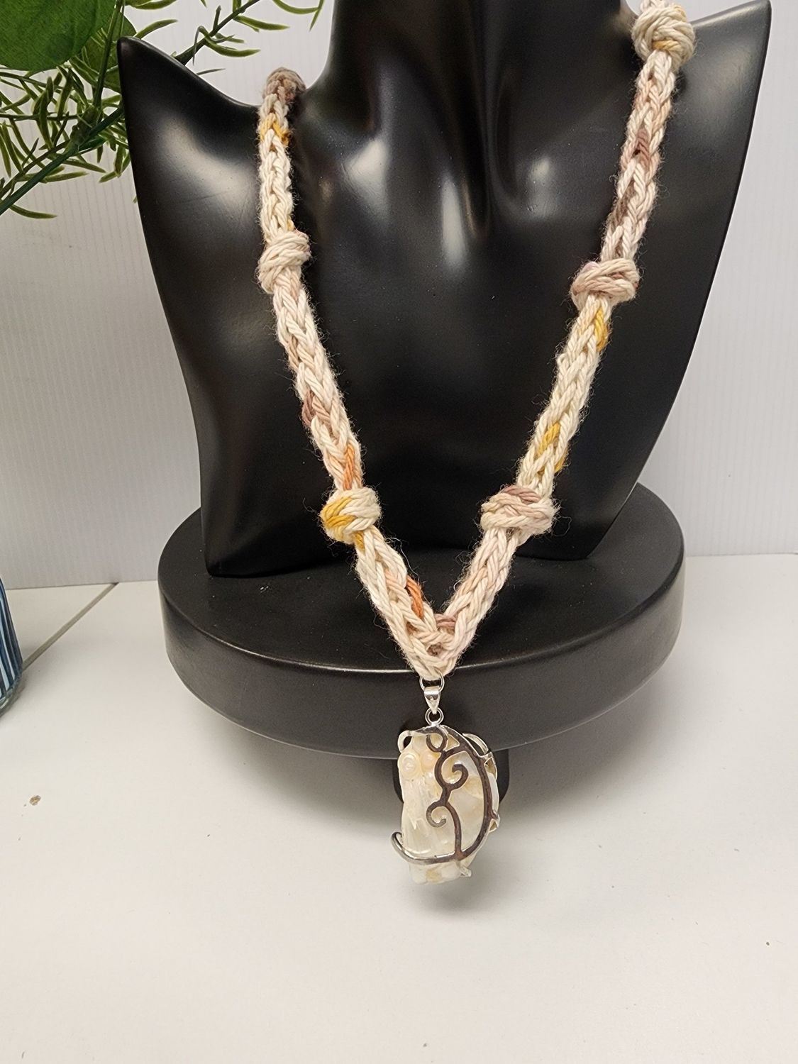 Crochet Cotton I-cord Knotted Necklace w/ White Abalone Pendant