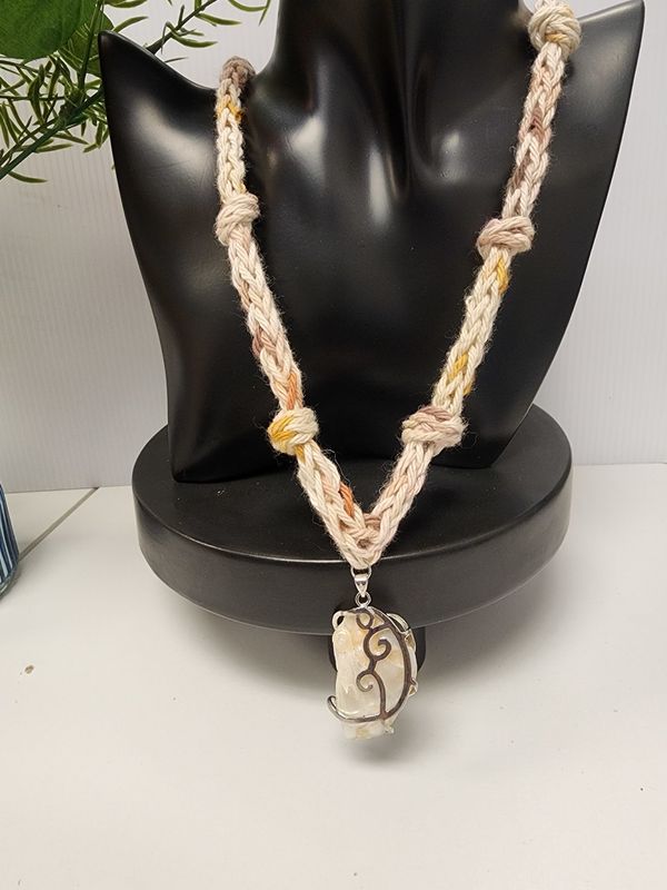 Crochet Cotton I-cord Knotted Necklace w/ White Abalone Pendant