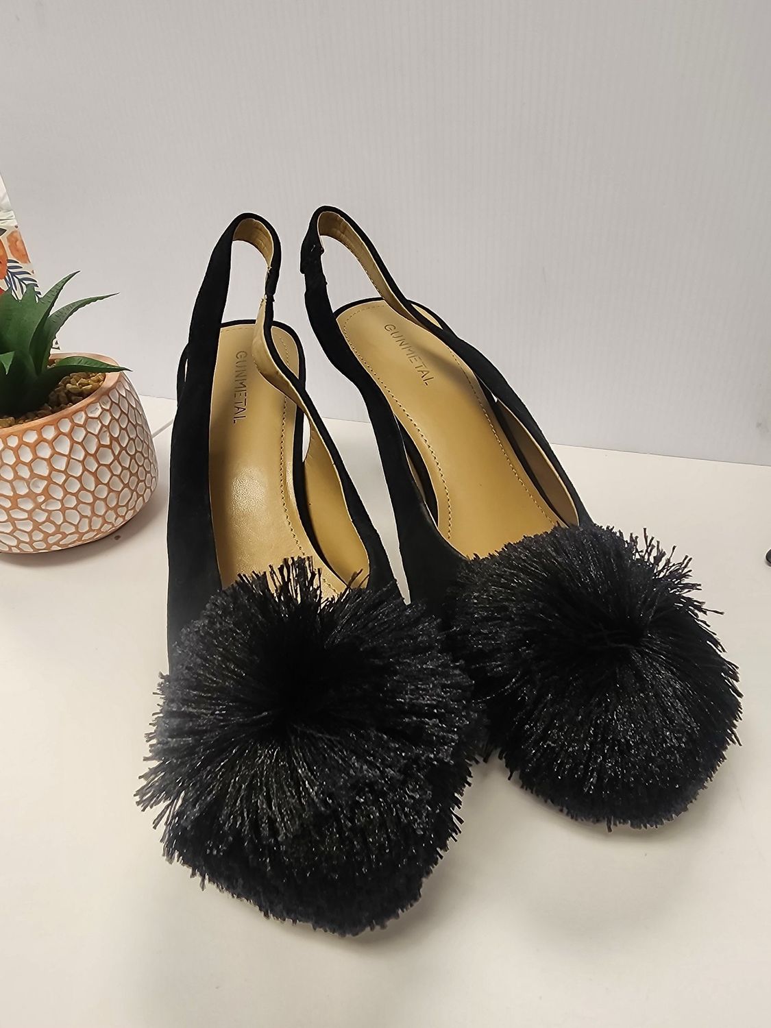 Gunmetal Viona Black Pom Pom Heels (8.5) Gently Used