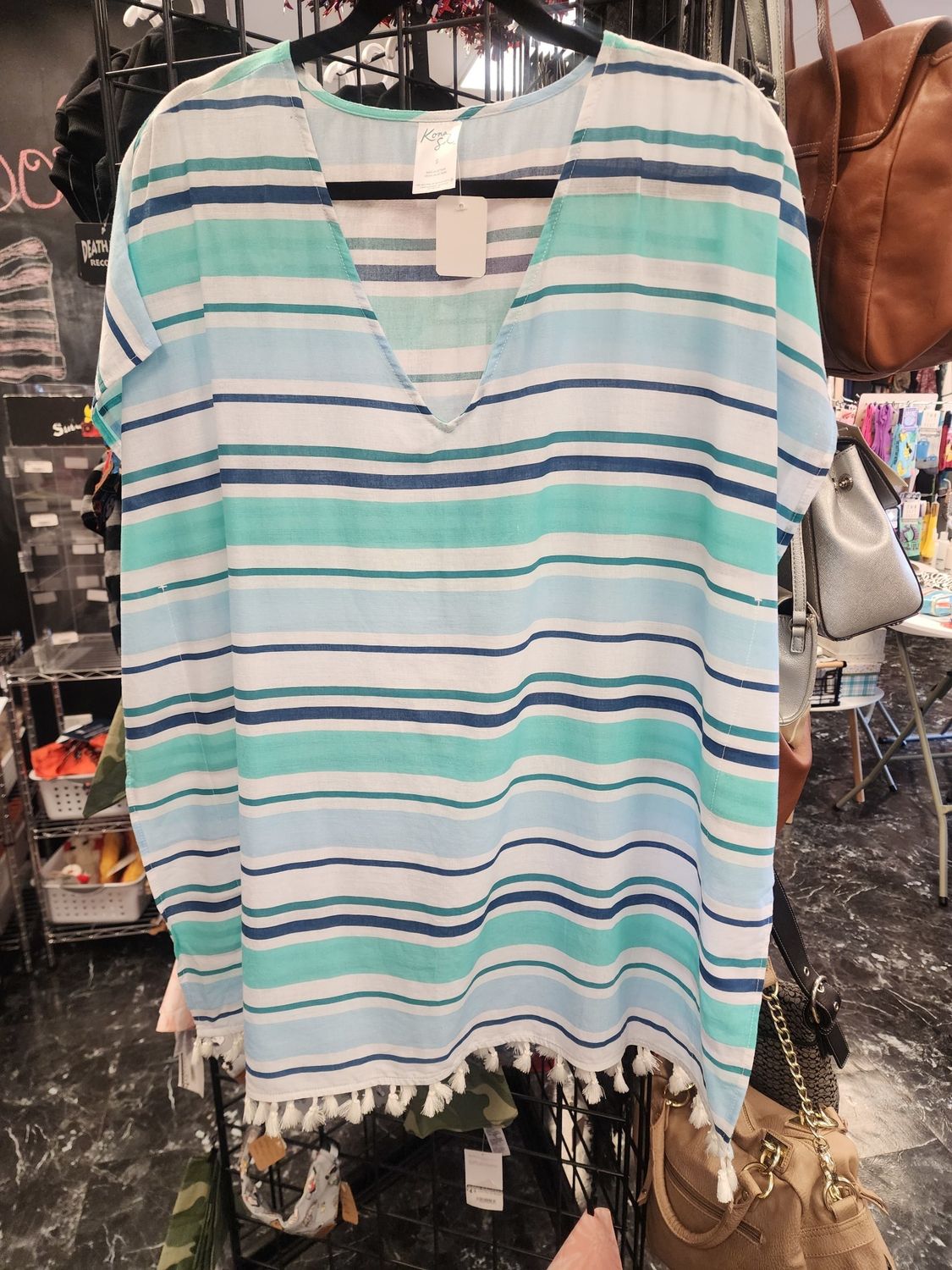 Kona Sol Green Striped Swimming Tunic Cover Up (S) Pre-owned