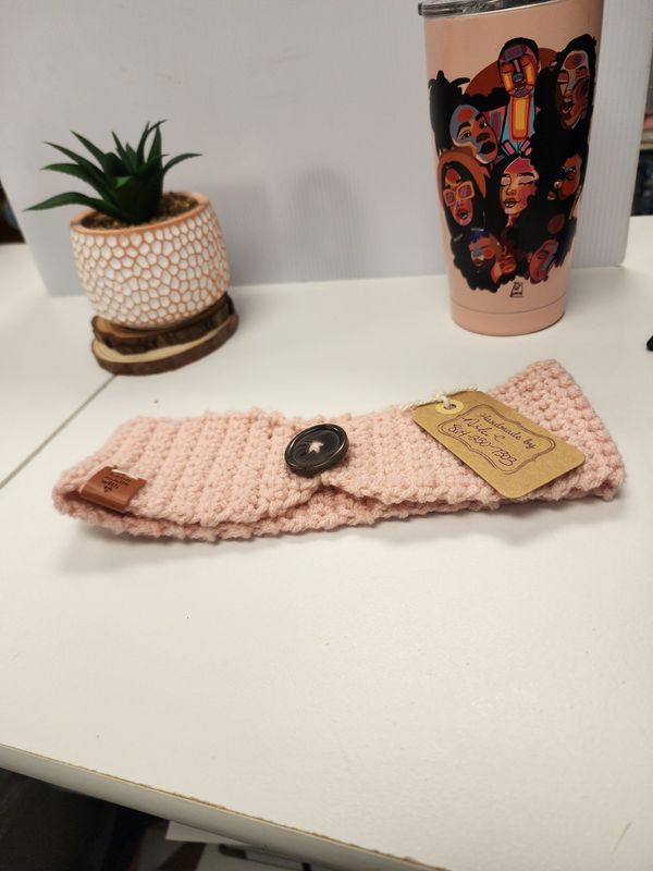 Crochet Soft Pink Headband w/ Button Accent 100% Acrylic