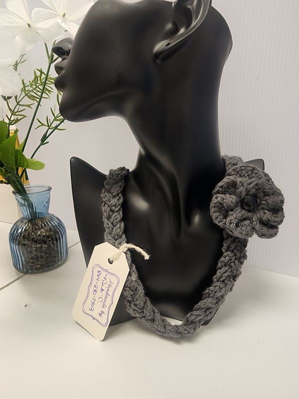 Crochet Cotton Gray Braided Necklace w/ Detachable Flower Broach