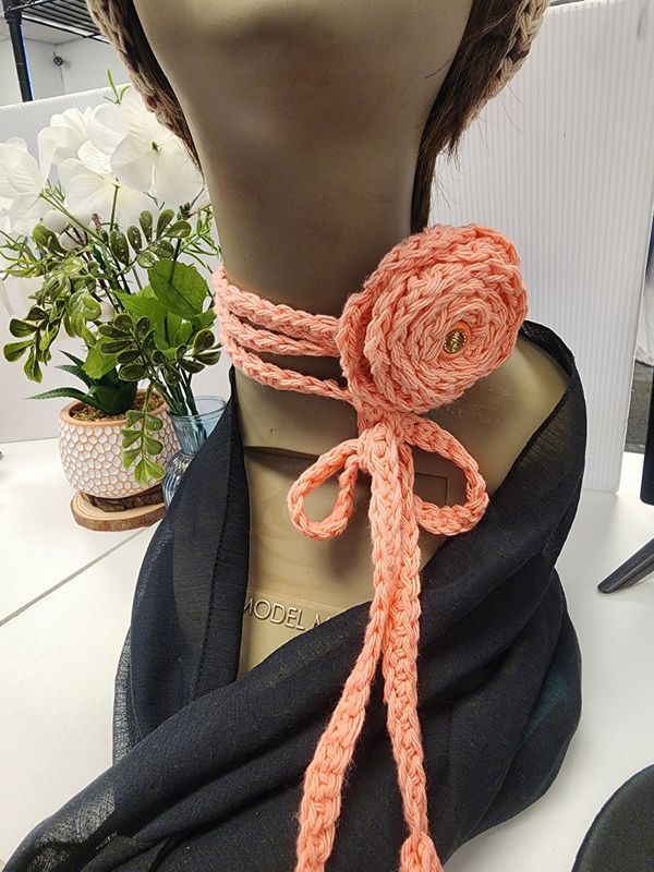 Crochet Coral Cotton Choker Necklace with Rose