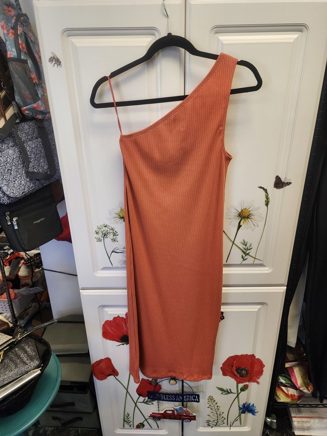 Gap One Shoulder Org/Coral Rib Midi Dress (S) NWT