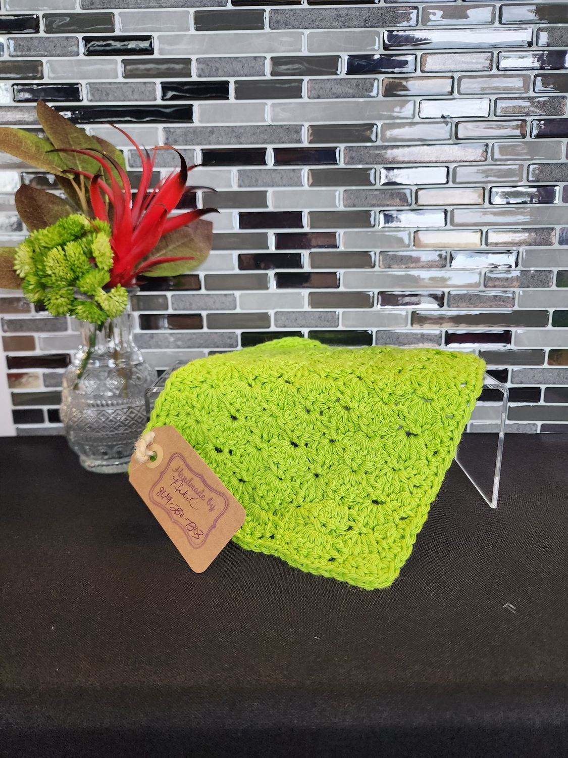 Crochet Shell Stitch Lime Dishcloth (6.5 X 7.5)