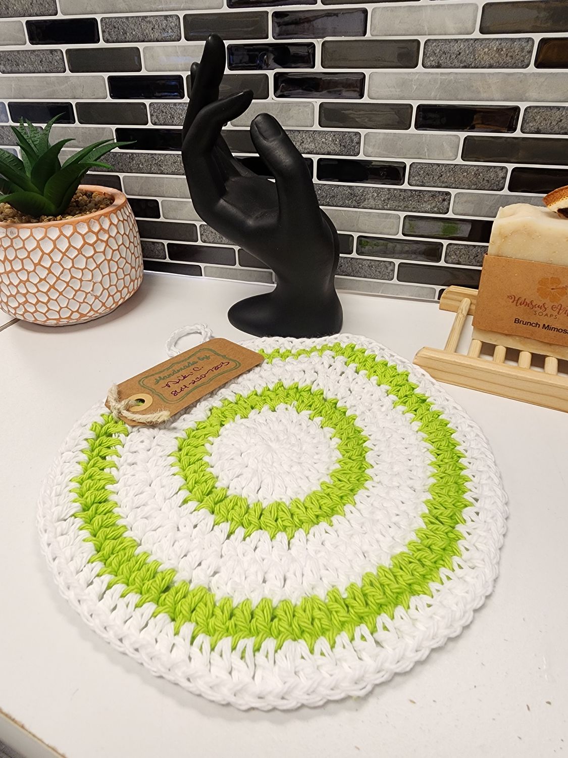Crochet Cotton White and Key Lime Potholder