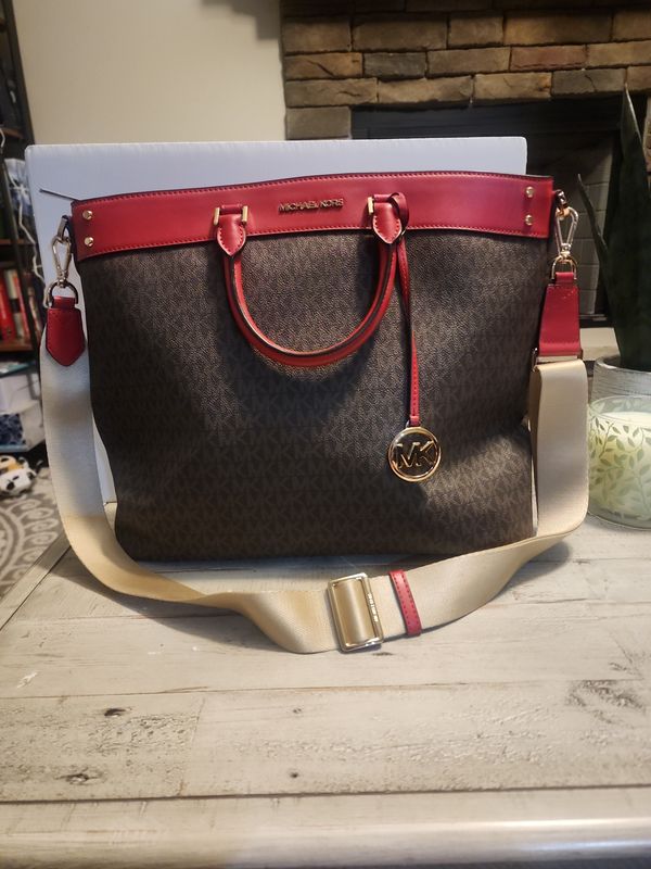 Michael Kors Kenly Travel Brown/Red MK Signature Tote
