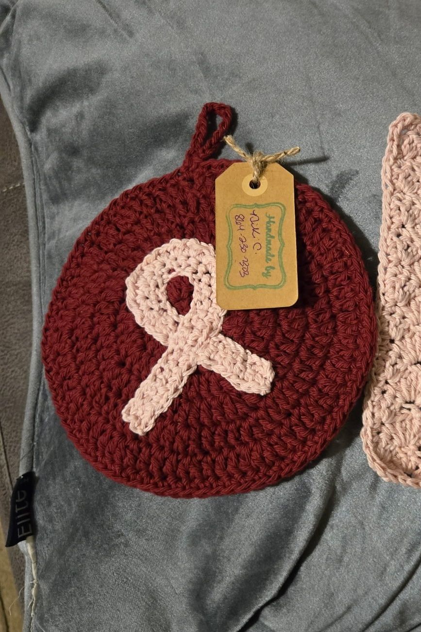 Crochet Cotton Cranberry and Rose Potholder (Cancer Ribbon)