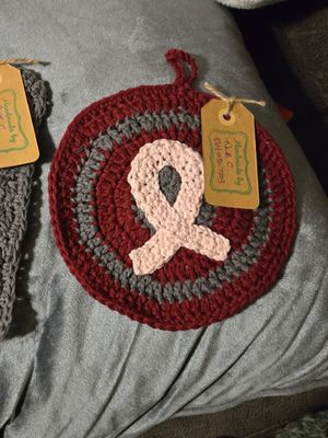 Crochet Cotton Cranberry and Grey Potholder (Cancer Ribbon)