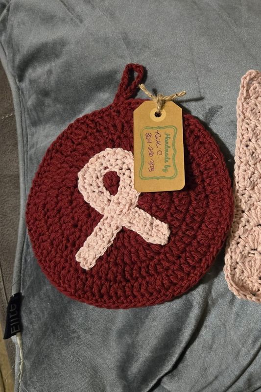 Crochet Cotton Cranberry and Rose Potholder (Cancer Ribbon)