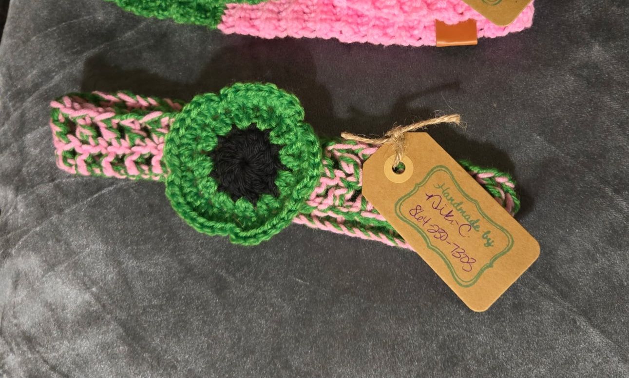 Crochet Acrylic Pink &amp; Green Headband w/ Peony