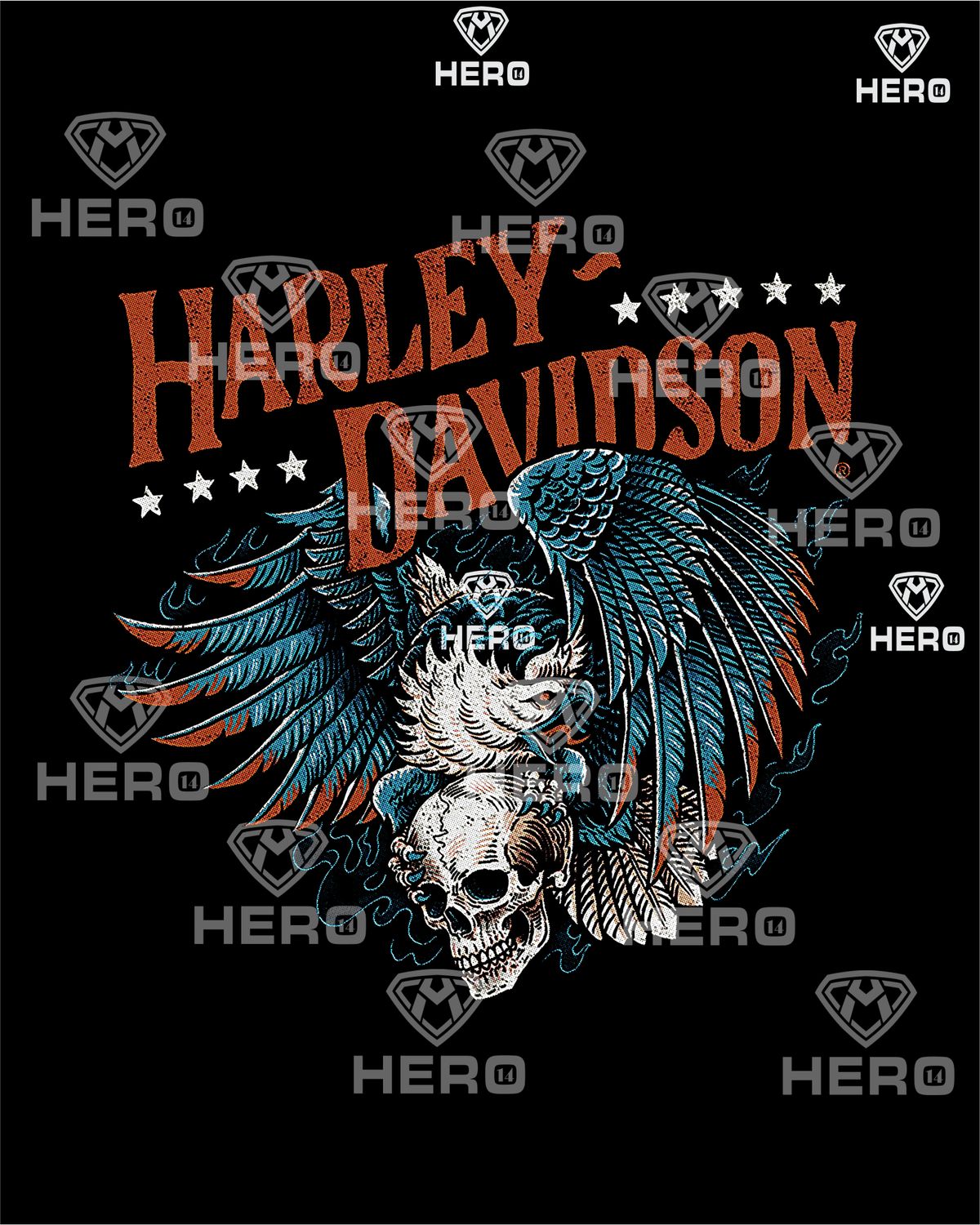 Harley Davidson logo with Brilliant Blue Eagle swooping down on a skull head download print file