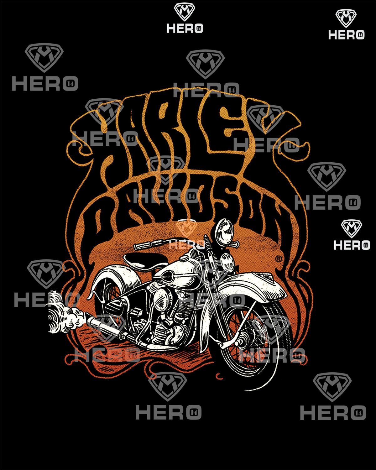 Retro Harley 80s style logo Orange Logo with Cool old school Fatboy Harley