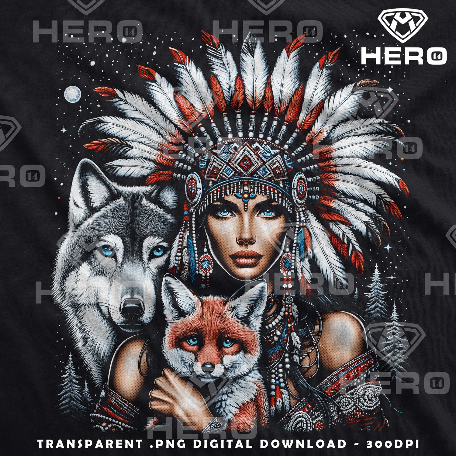Native American PNG: Apache Girl in Feathered Headgear for Dark Clothing Digital download file