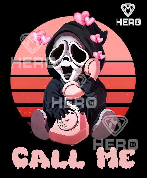 Valentine Baby Ghost with Scream Mask saying Call Me on a Pink phone