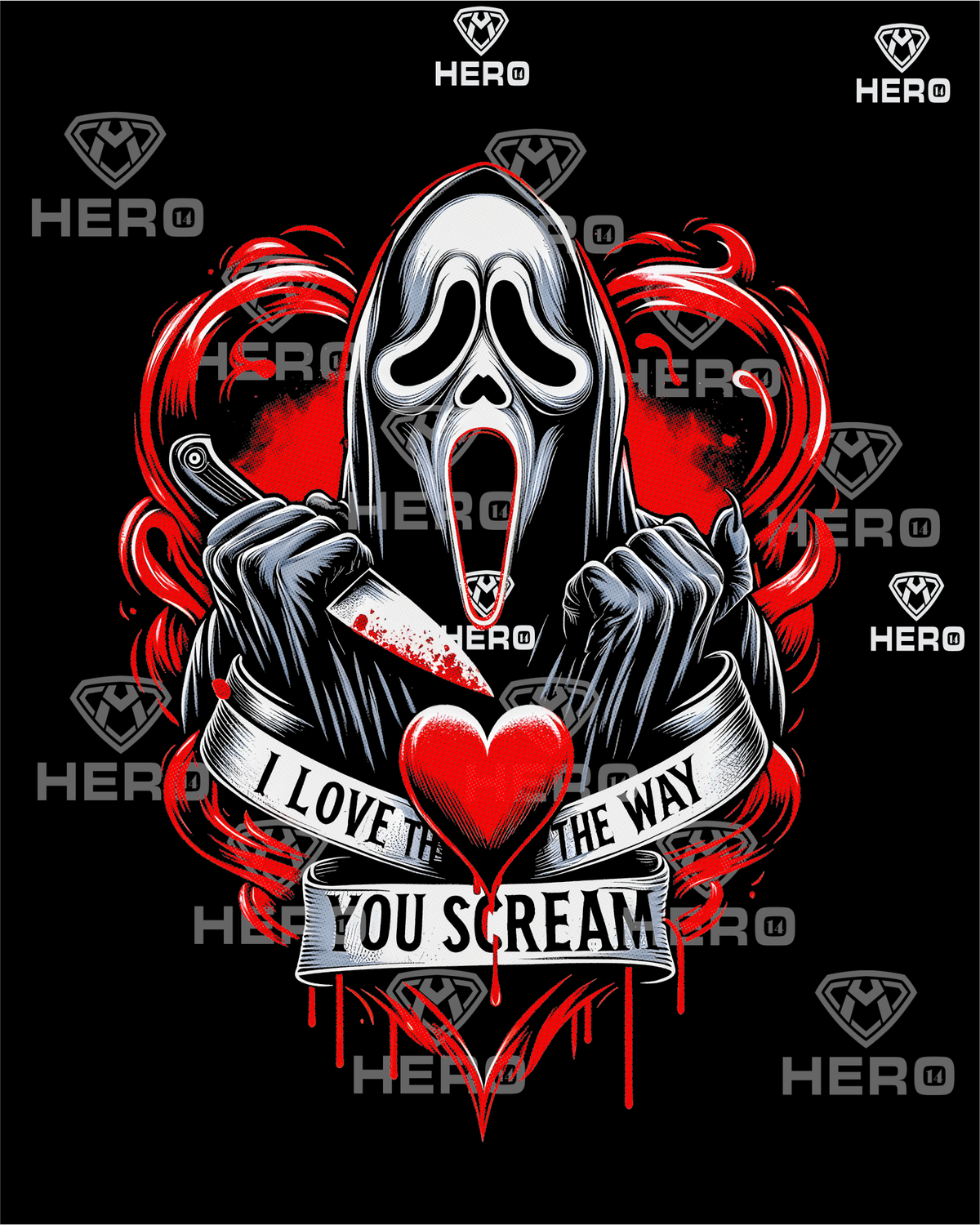 Scream Feature film themed Mask man holding a knife with blood cool Valentines shirt saying &quot;I love the was you scream&quot; png download