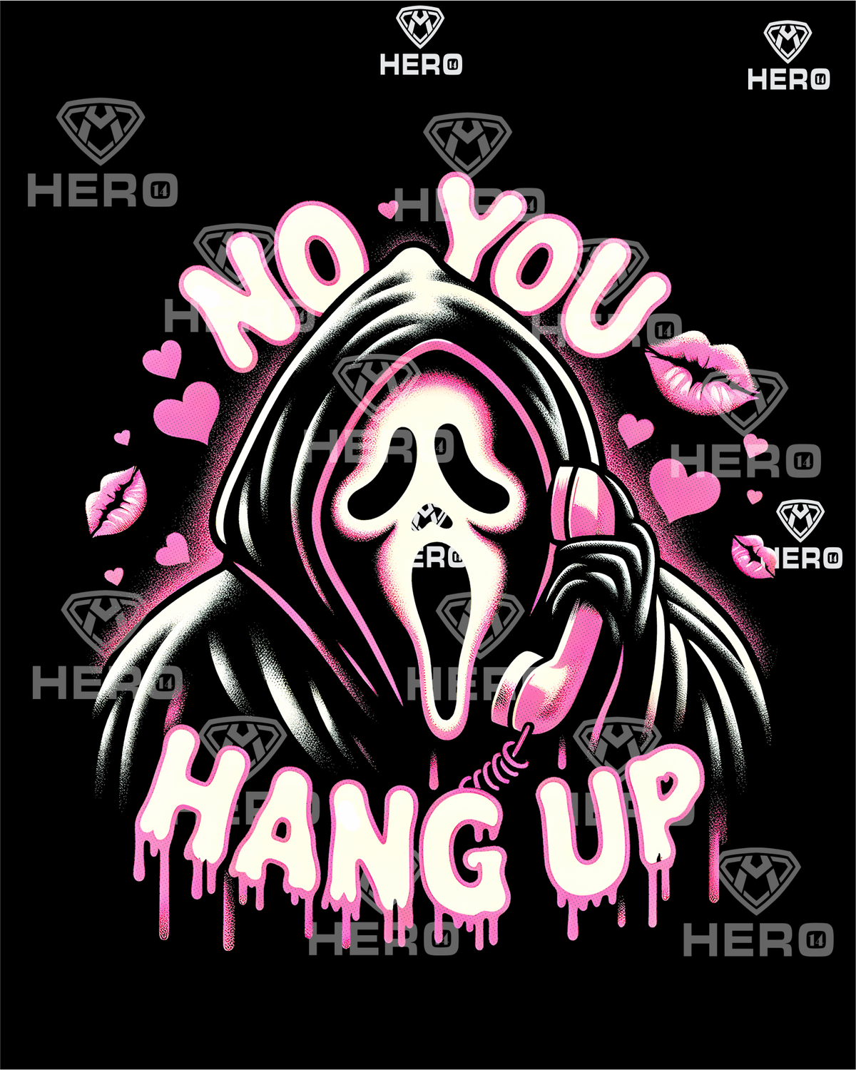 Valentine Masked killer with funny saying No you hang up - Ghost masked man holding pink phone with Pink lips and hearts in design png download