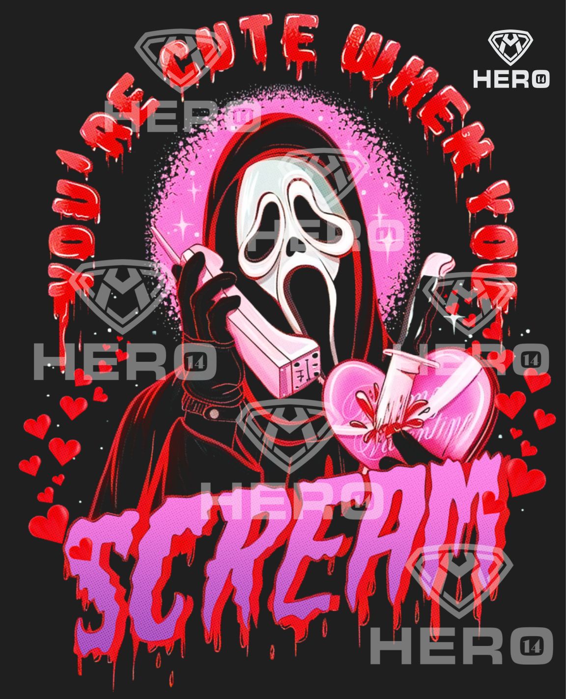 Youre Cute when you scream fun shirt idea for Valentines day Masked killer holding phone and knife with red hearts in design