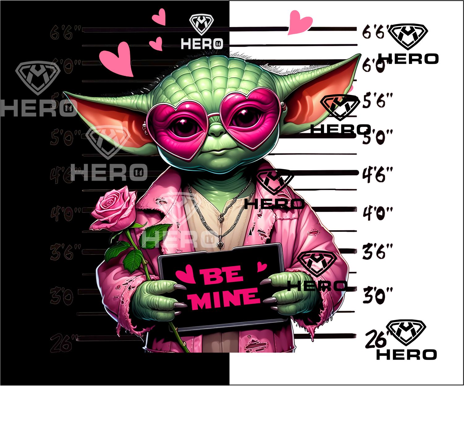 Baby Yoda Be my Valentine mugshot Fun Yoda with pink heart sunglasses holding a sign - Be mine - Valentine Png file Sublimation ready