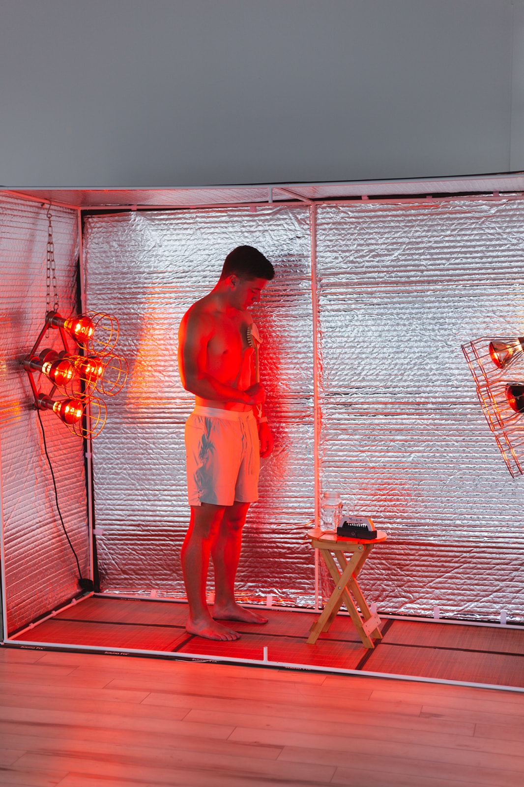 Pre-workout warm-up session inside the Sauna Fix radiant exercise tent