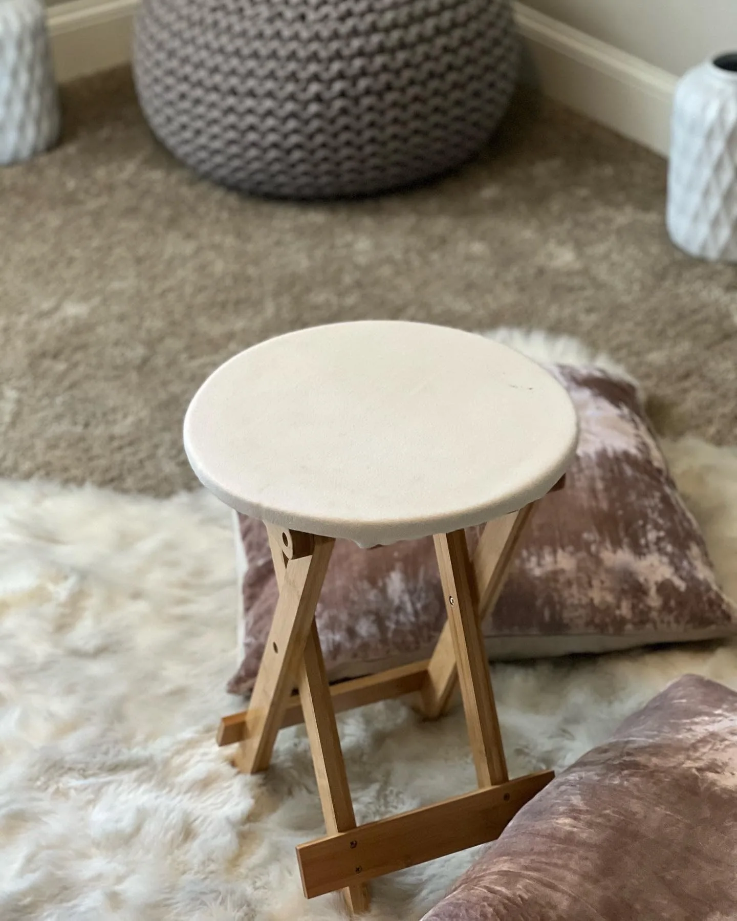 Organic fleece stool cover and floor rug inside the sauna tent