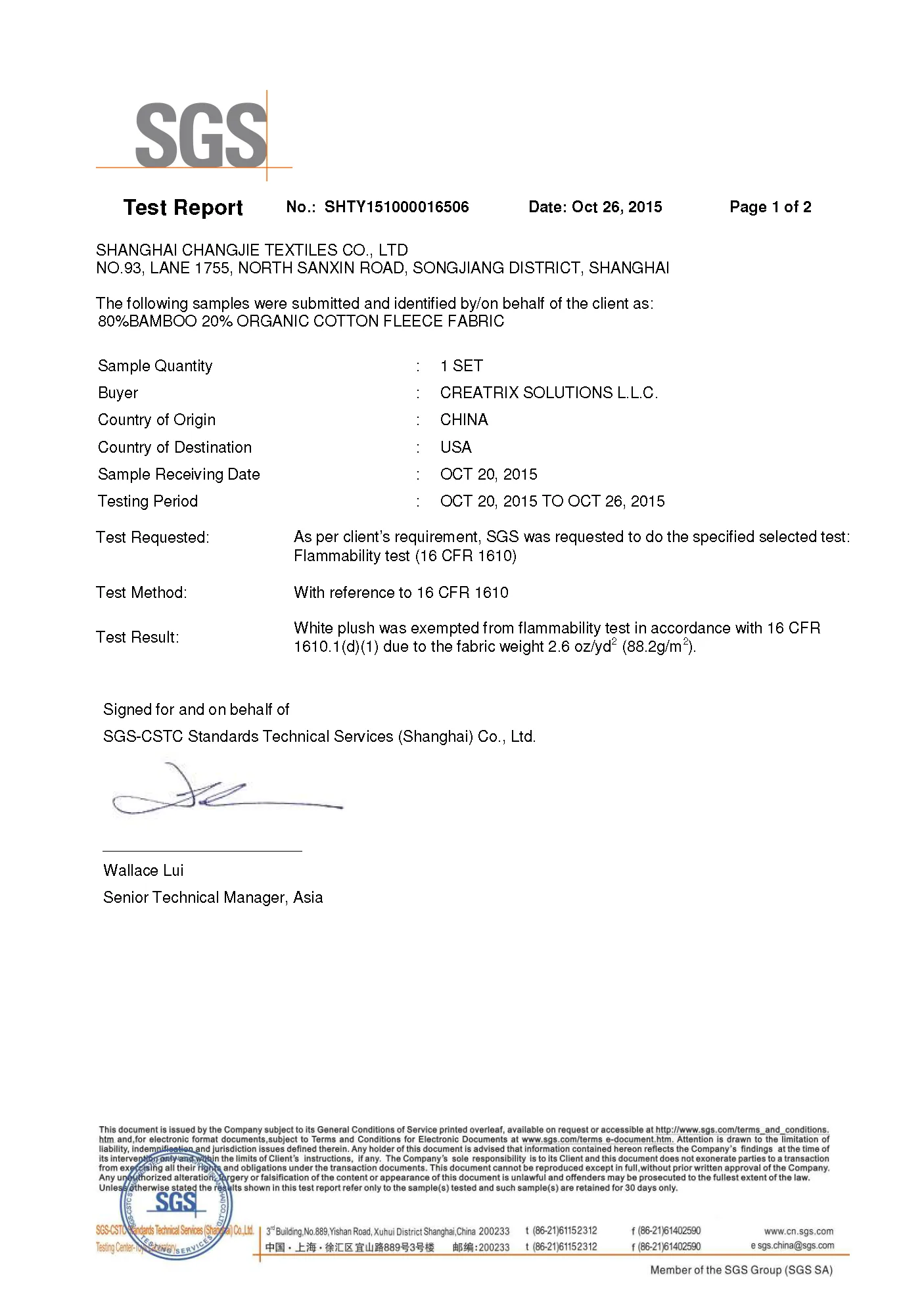 SGS Test Certificate for Bamboo Fleece Page 1