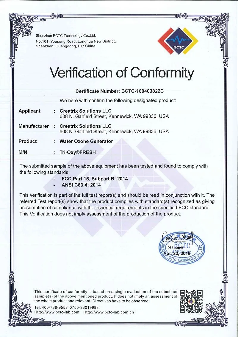 Tri-Oxy FRESH FCC Certificate