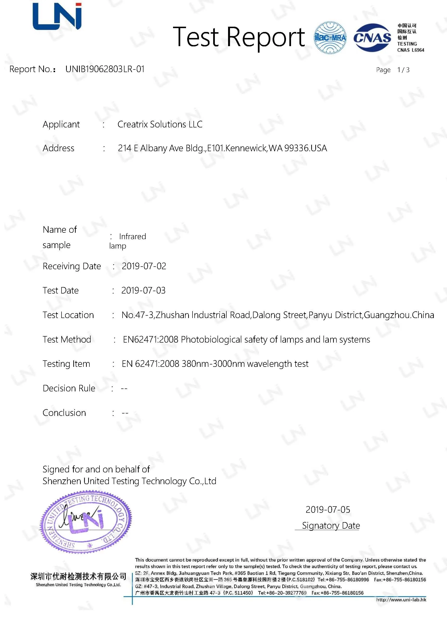 Sauna Fix bulb EN 62471 test report page 1 of 3