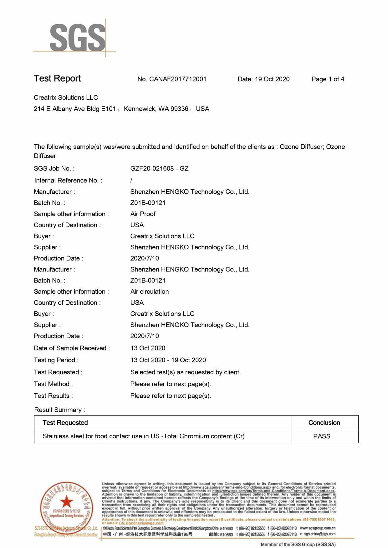 Tri-Oxy Ozone Diffuser Test Report Page 1