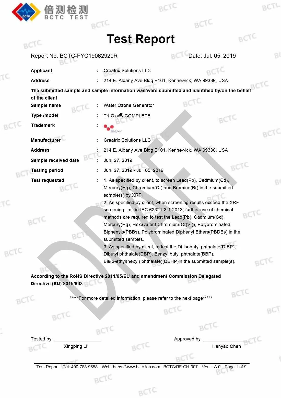 Tri-Oxy COMPLETE ROHS Test Report Page 1