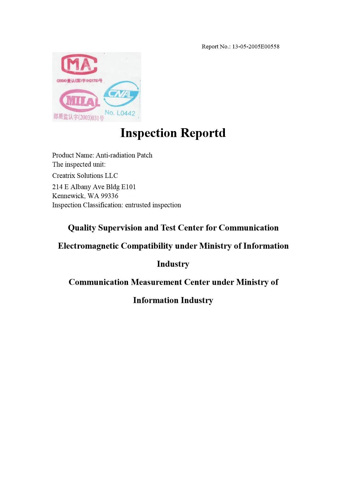 EMF Anti-Radiation Sticker Inspection Report Page 1