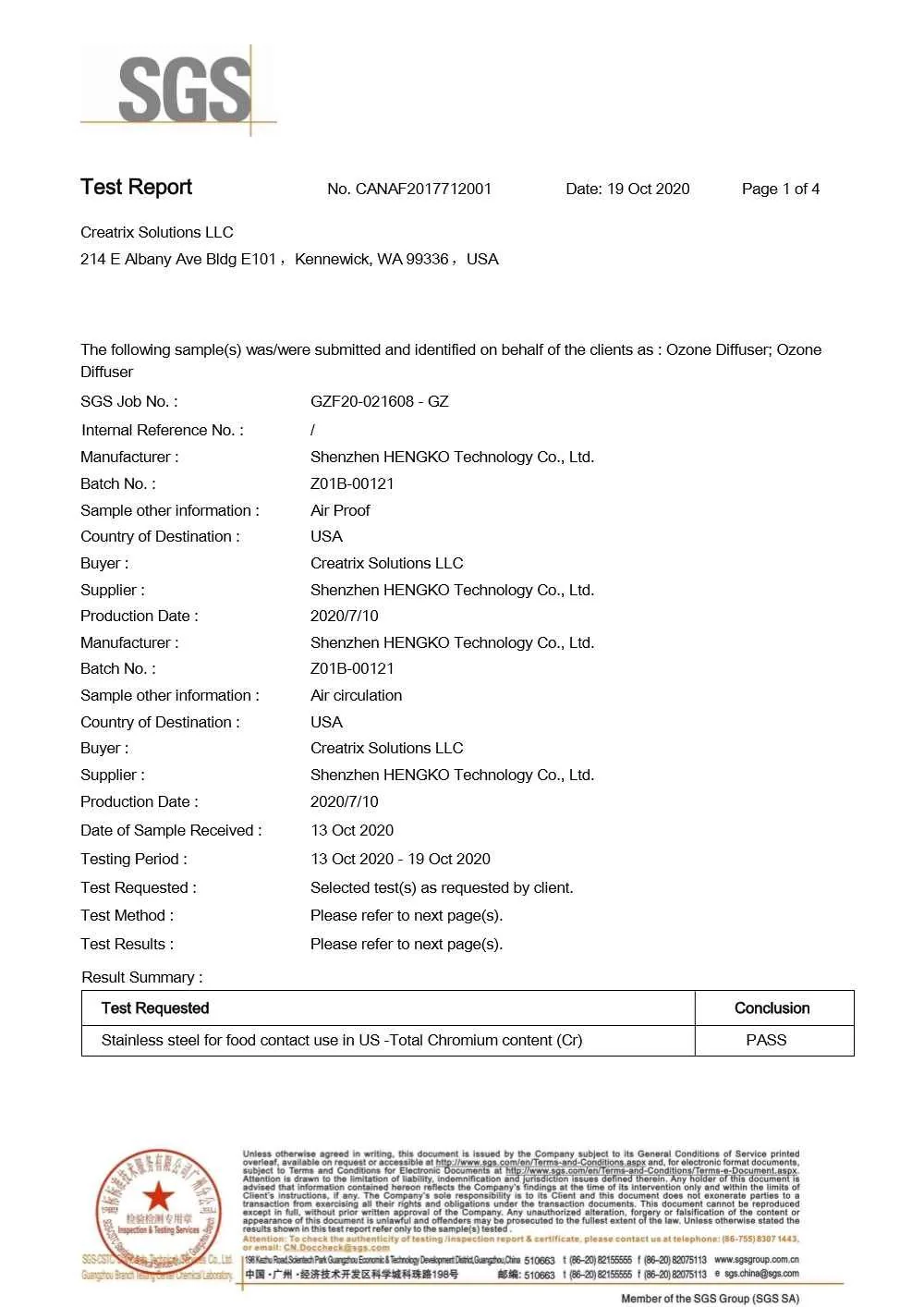 Ozone Diffuser Stone Test Report Page 1