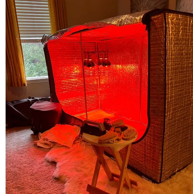Sauna Fix portable near infrared lamp and tent in the lay down position