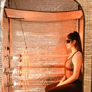 Convertible Radiant sauna tent with drop ceiling in sit down position