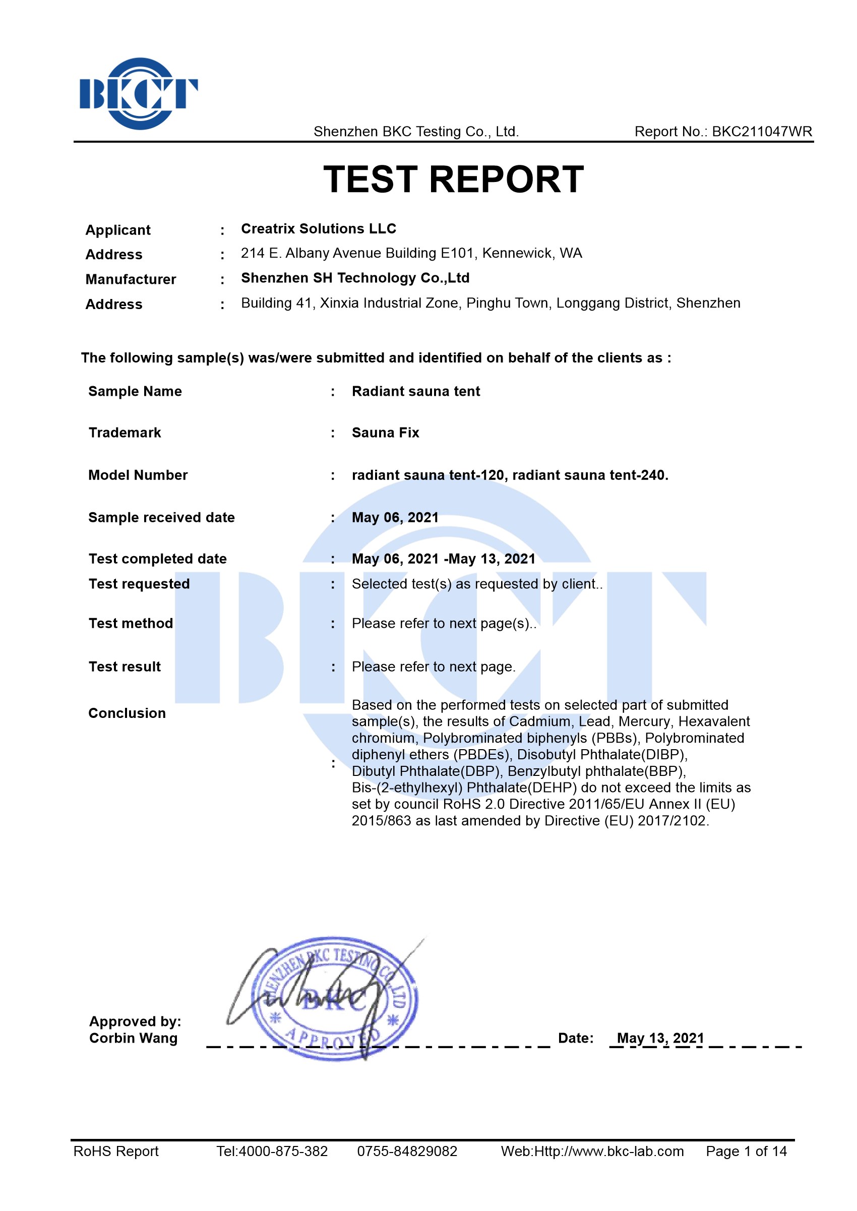 Sauna Fix Radiant Sauna Tent RoHS test report BKC211047WR, page 1 of 14