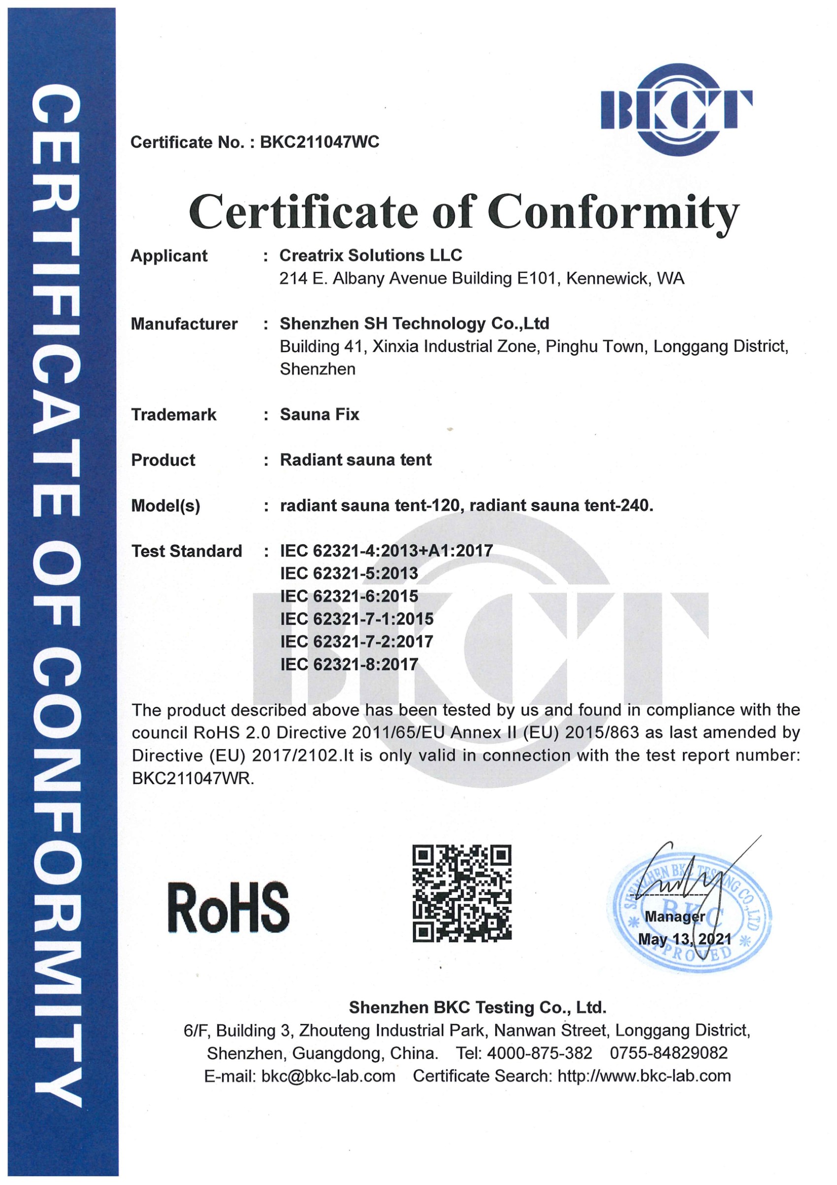 Sauna Fix Radiant Sauna Tent RoHS Certificate of Conformity, No. BKC211047WC