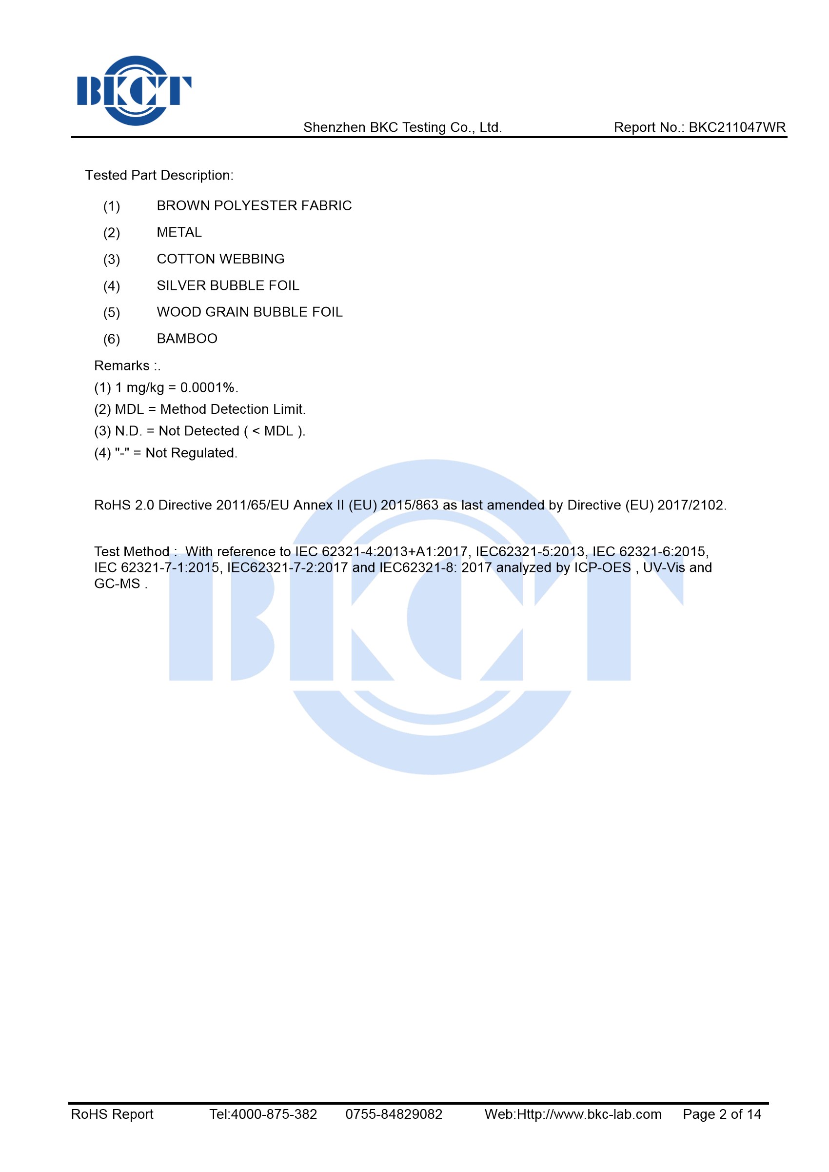 Sauna Fix Radiant Sauna Tent RoHS test report BKC211047WR, page 2 of 14