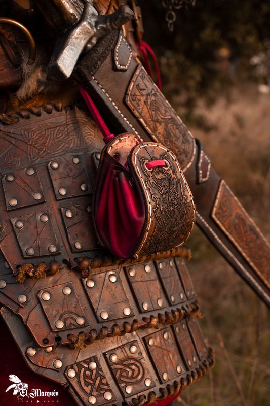 Viking leather belt pouch. Red nordic leather bag for Larp